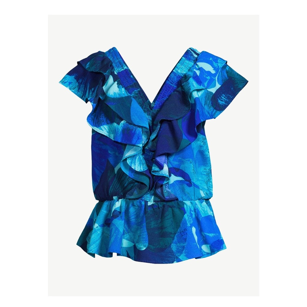 Blue Abstract Print V-Neck Ruffle Top Sofia Vergara